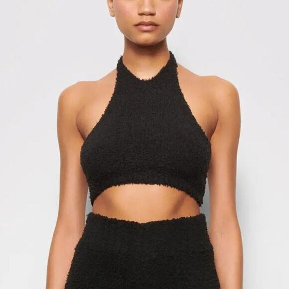 SKIMS Cozy Knit Halter Bra Top Tie Neck Bralette in Onyx Black NWT 4X 5X - Picture 1 of 10
